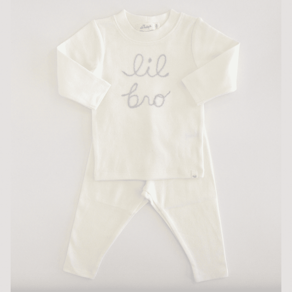Oh Baby “lil bro” Sky Blue Embroidered L/S 2PC Set - Cream - hip-kid