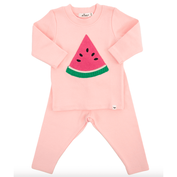 Oh Baby Watermelon Terry Applique LS 2pc Set -  Pale Pink - hip-kid