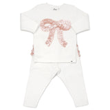 Oh Baby! Velvet Ruffle Bow Pink LS Ruffle Bottom 2pc Set (Cream)
