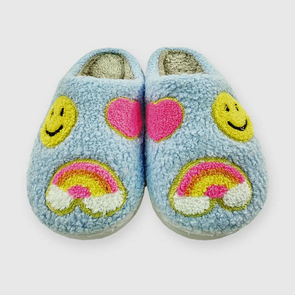 Malibu Sugar Blue Smiley Face Rainbow Fuzzy Slippers For Kids