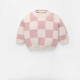 7AM Boxy Fuzzy Sweater Checkers - Ecru/Ash Rose