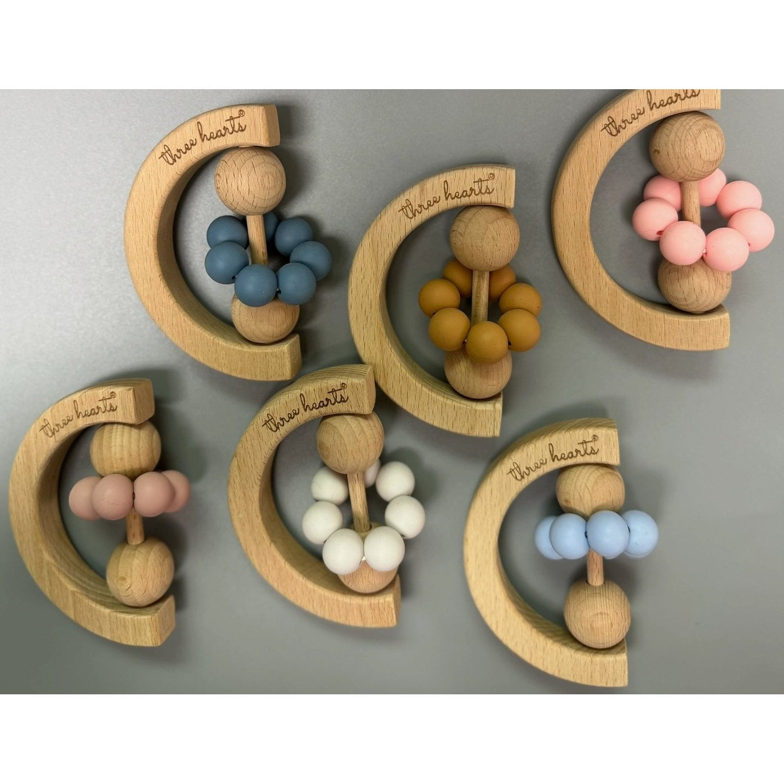 Three Hearts Moon Rattle - Beachwood & BPA Free Silicone - hip-kid