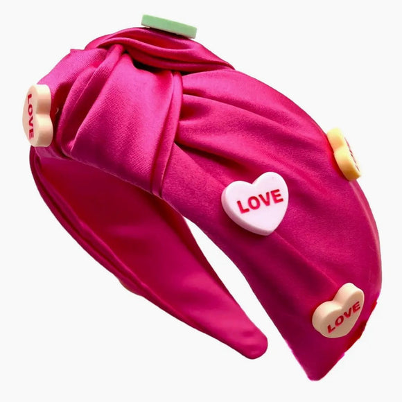 Mavi Bandz Pink Valentines Day Satin Knot Conversation Heart Headband - hip-kid