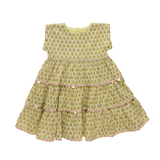 Pink Chicken Girls Peachy Dress -  Green Prairie Block Print