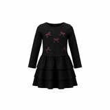 Sofi L/S Ruffle Dress - Black w Pink Sequin Bows