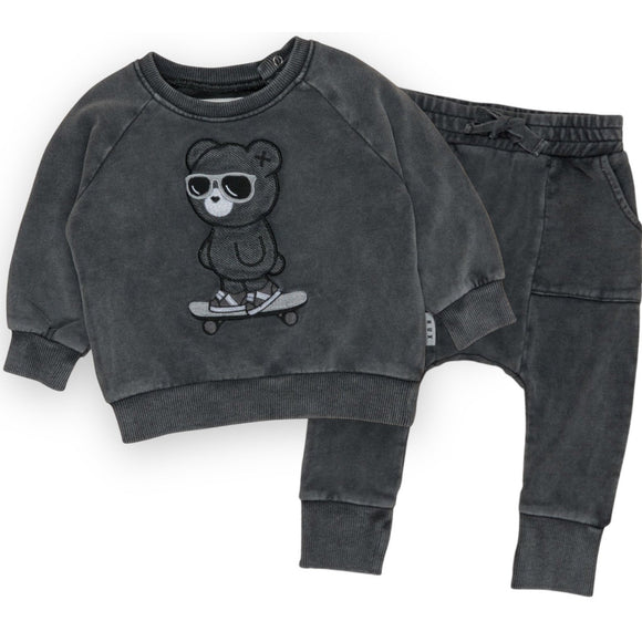HUXBABY Skater Bear Sweatshirt & Drop Crotch Pant Set - Vintage Black - hip-kid