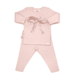 Oh Baby Velvet Ruffle Bow Pink L/S Ruffle Bottom 2PC Set - Pale Pink - hip-kid