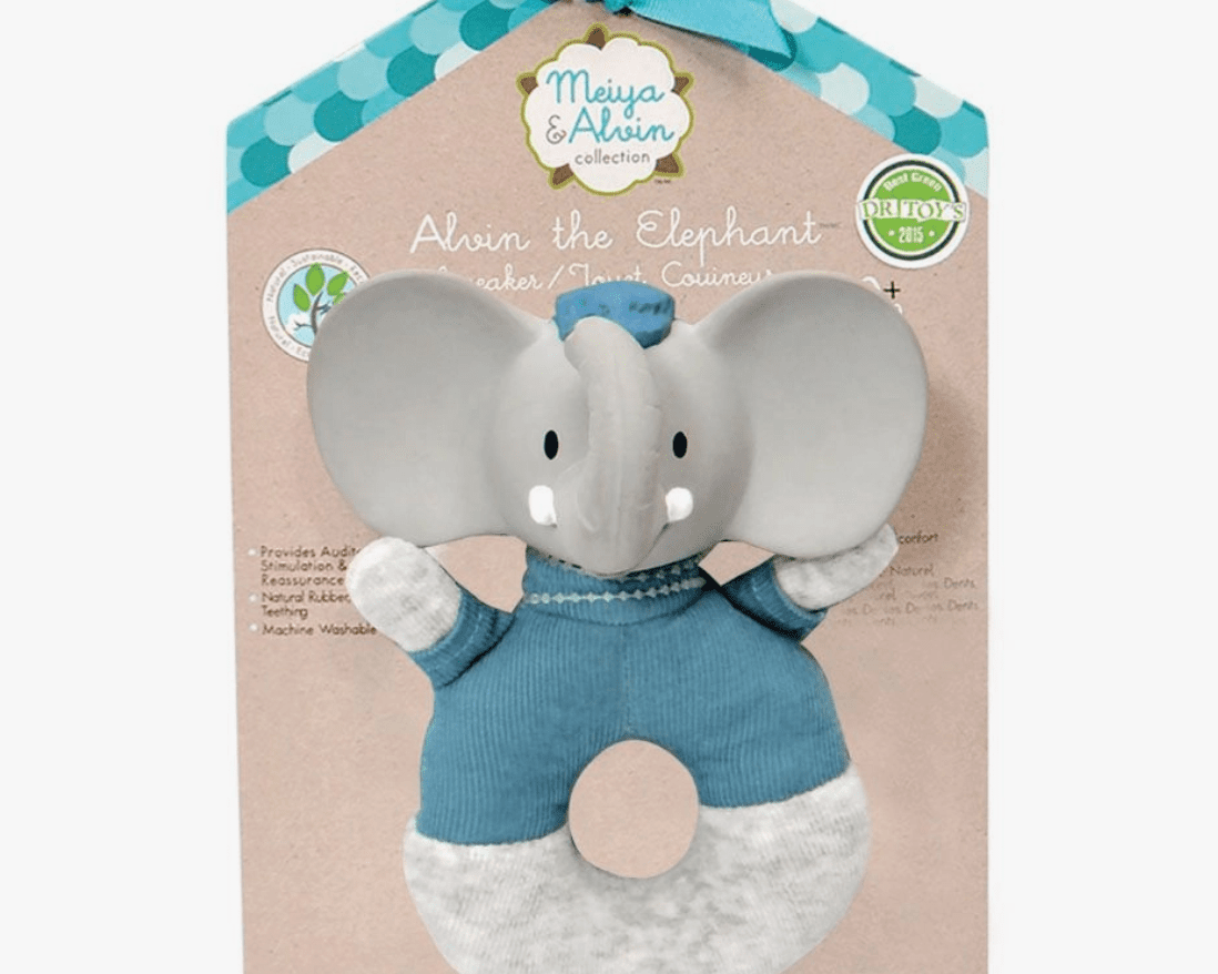 Tikiri Alvin the Elephant Soft Rattle w/Natural Organic Rubber Head - hip-kid