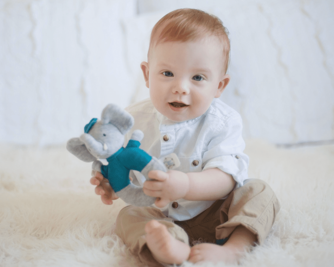 Tikiri Alvin the Elephant Soft Rattle w/Natural Organic Rubber Head - hip-kid