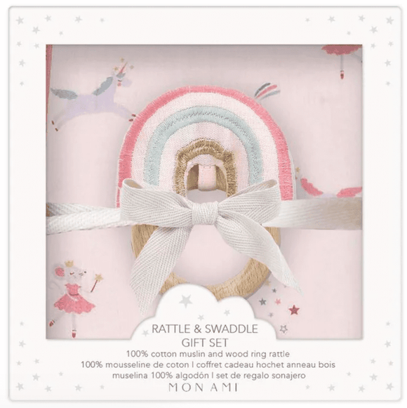 Mon Ami Chateau Magique Swaddle & Rainbow Rattle Gift Set - hip-kid