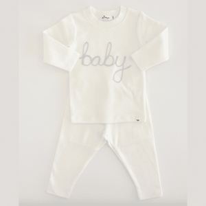 Oh Baby “Baby” Sky Blue Embroidered L/S 2PC Set - Cream - hip-kid