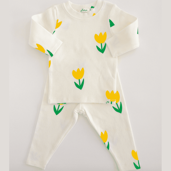 Oh Baby Yellow Tulip Print LS 2pc Set -  Cream - hip-kid