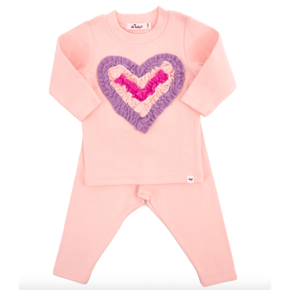 Oh Baby Multi Ruffle Heart Terry Applique LS 2pc Set -  Pale Pink - hip-kid