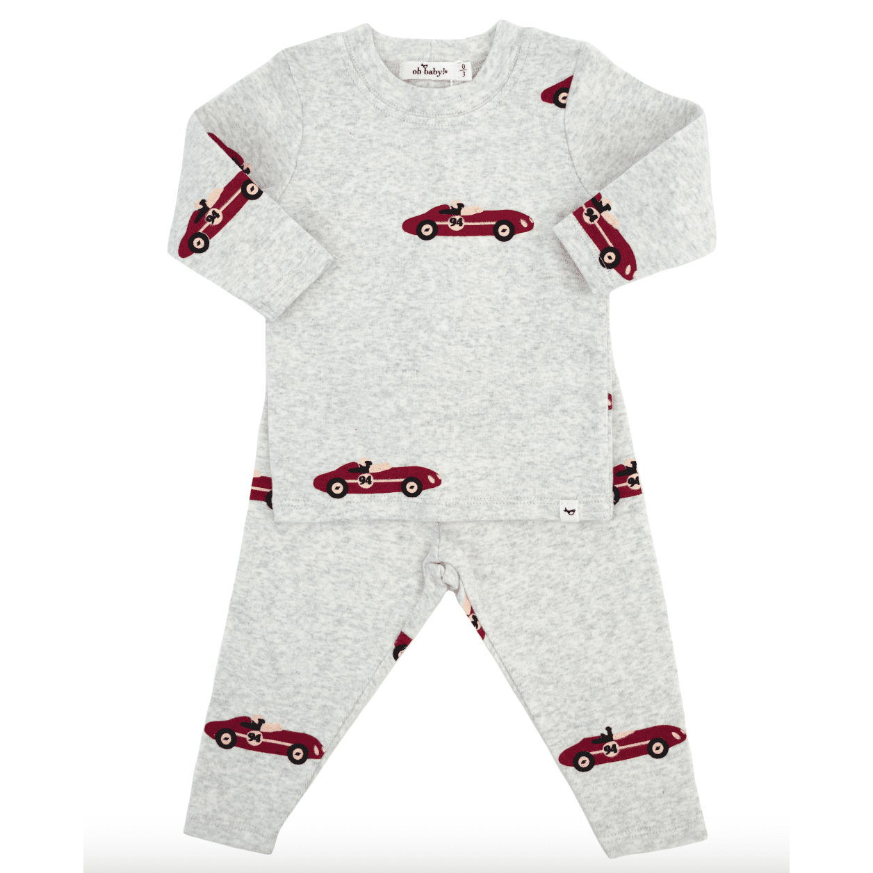 Oh Baby Racecars Print L/S 2PC Set - Heather Gray - hip-kid