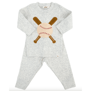 Oh Baby Vintage Baseball Terry Applique L/S 2PC Set - Heather Gray - hip-kid
