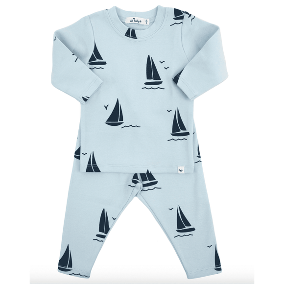 Oh Baby Denim Sailboat Print L/S 2PC Set - Sky Blue - hip-kid