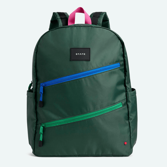 State Bag Kane Kids Large Double Pocket Backpack - Olive Diagonal Zipper - hip-kid