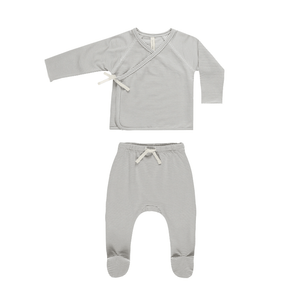 Quincy Mae Wrap Top & Footed Pant Set - Blue Micro Stripe