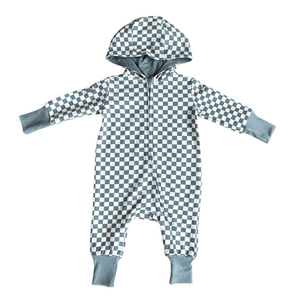 Babysprouts Hooded Zip Romper - Checkered in Storm