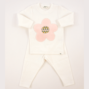 Oh Baby Quilted Flower Applique L/S 2pc Set - Cream