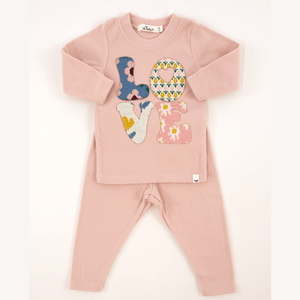 Oh Baby Quilted Love Stacked Applique L/S 2pc Set - Dusty Pink