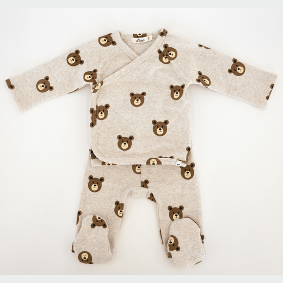 Oh Baby Teddy Bear Face Print Kimono Footie Set - Malt