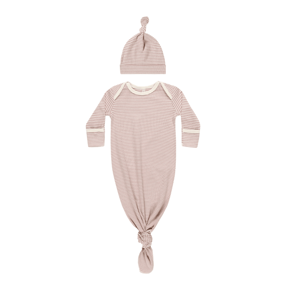 Quincy Mae Knotted Baby Gown & Hat Set - Mauve Stripe