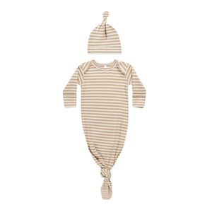 Quincy Mae Knotted Baby Gown & Hat Set - Latte Stripe