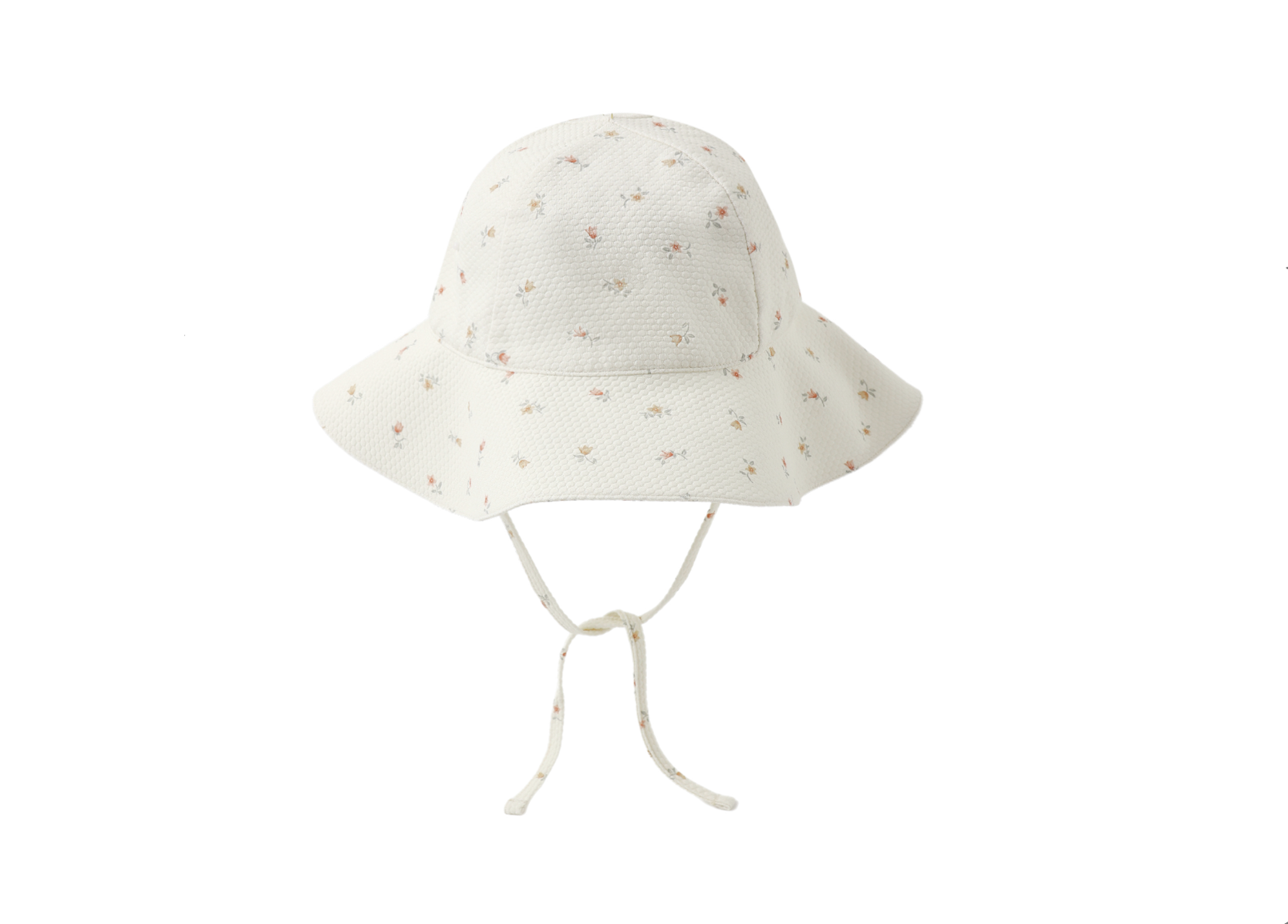 White floral-patterned sun hat on a white background