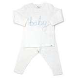 Oh Baby “Baby” Sky Blue Embroidered L/S 2PC Set - Cream