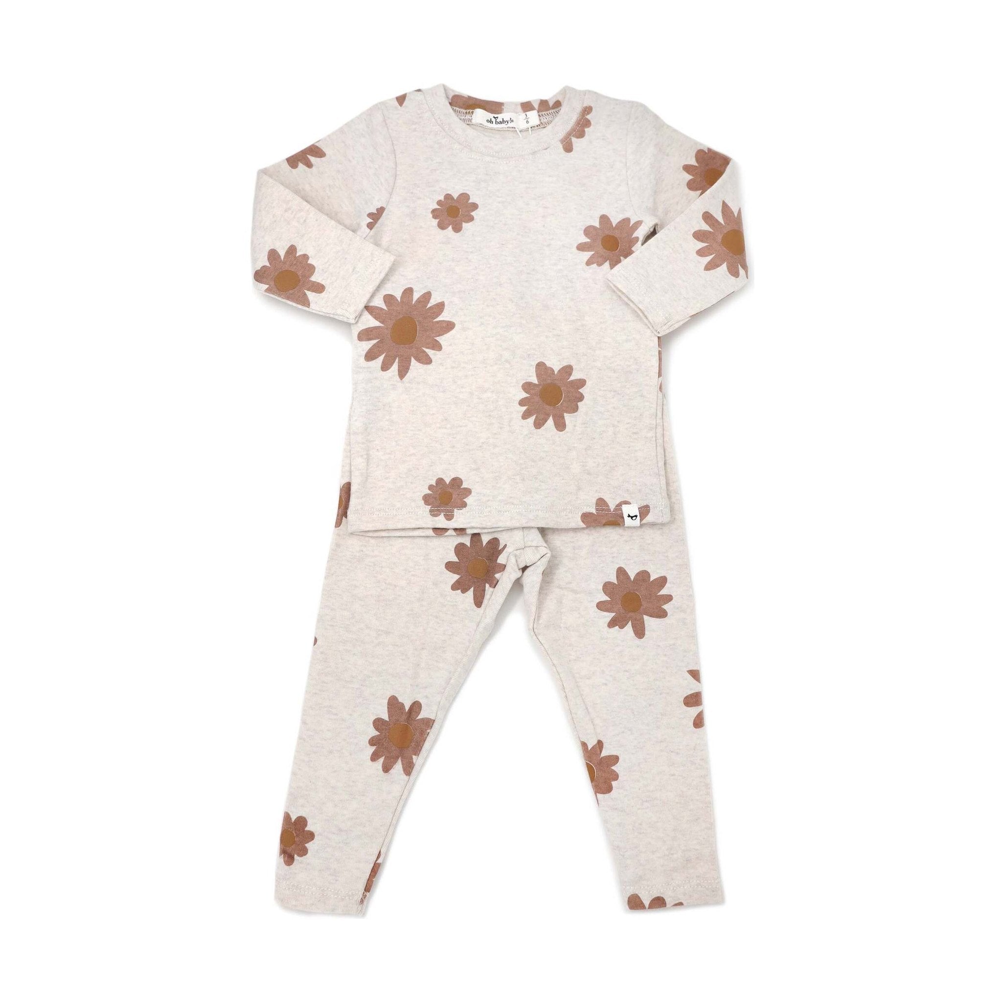 Oh Baby! Blush Daisies long sleeve baby girl 2pc set in sand cotton with matching pants