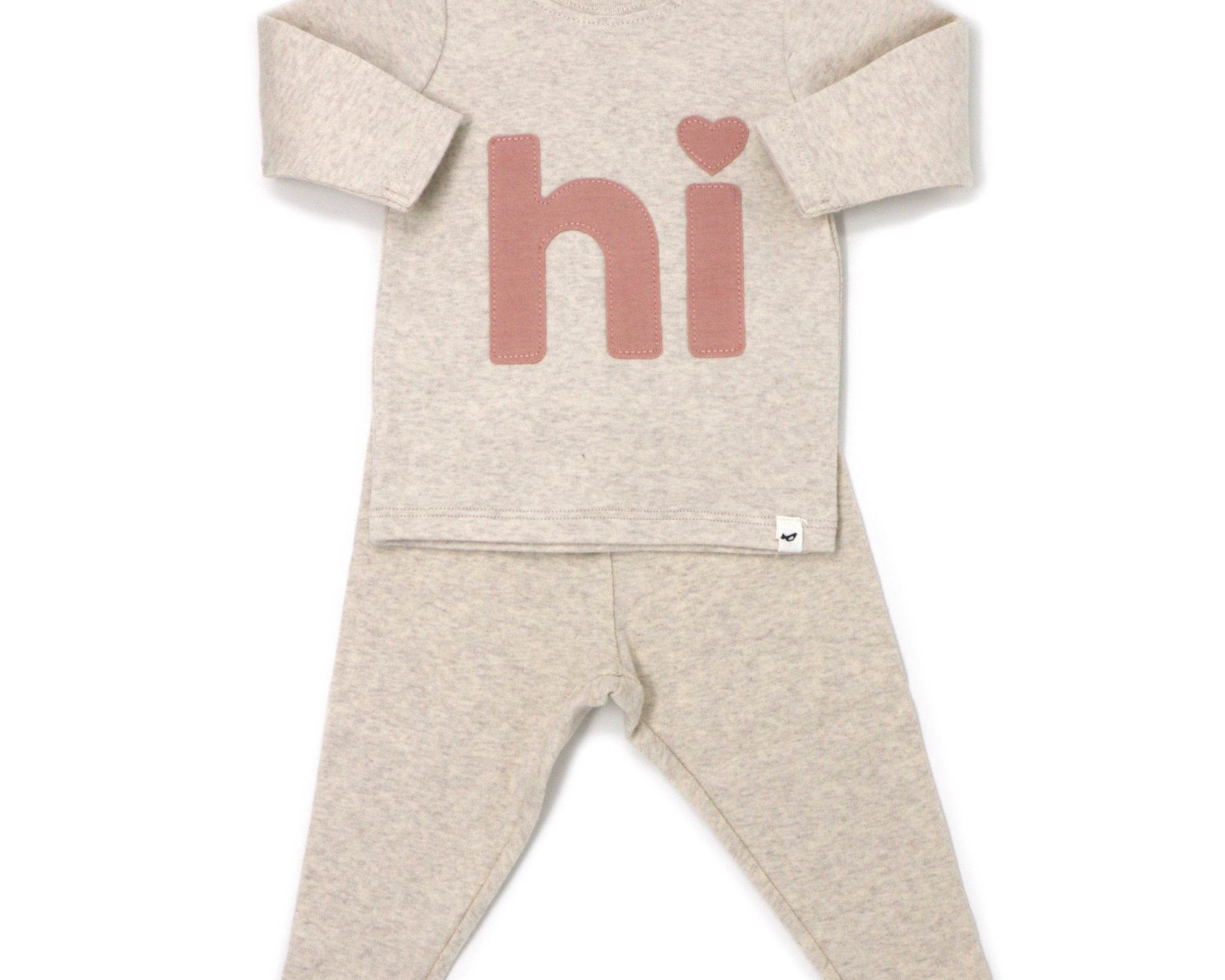 Oh Baby Heart Dot “hi” Appl L/S 2pc Set - Sand - hip-kid