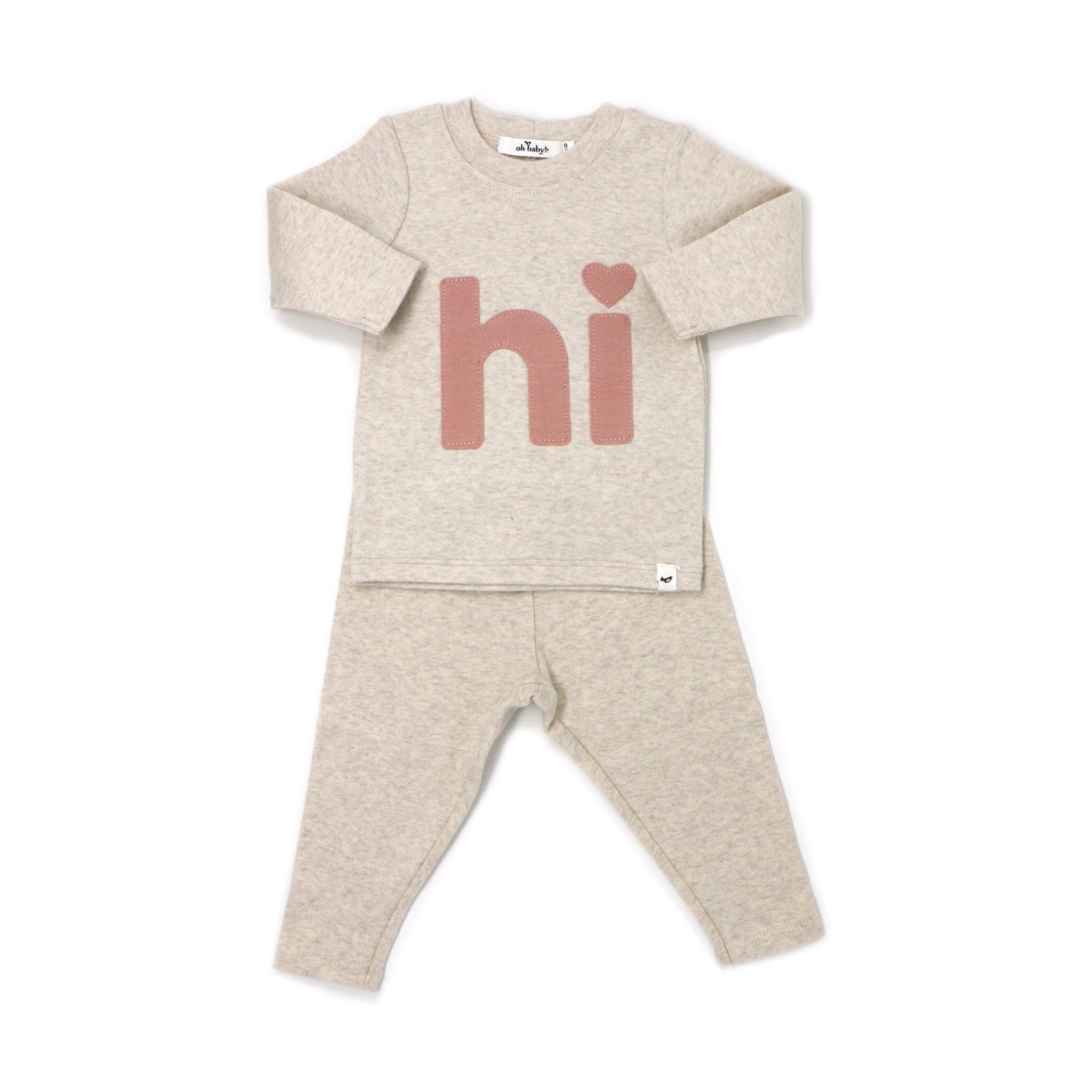 Oh Baby Heart Dot “hi” Appl L/S 2pc Set - Sand - hip-kid
