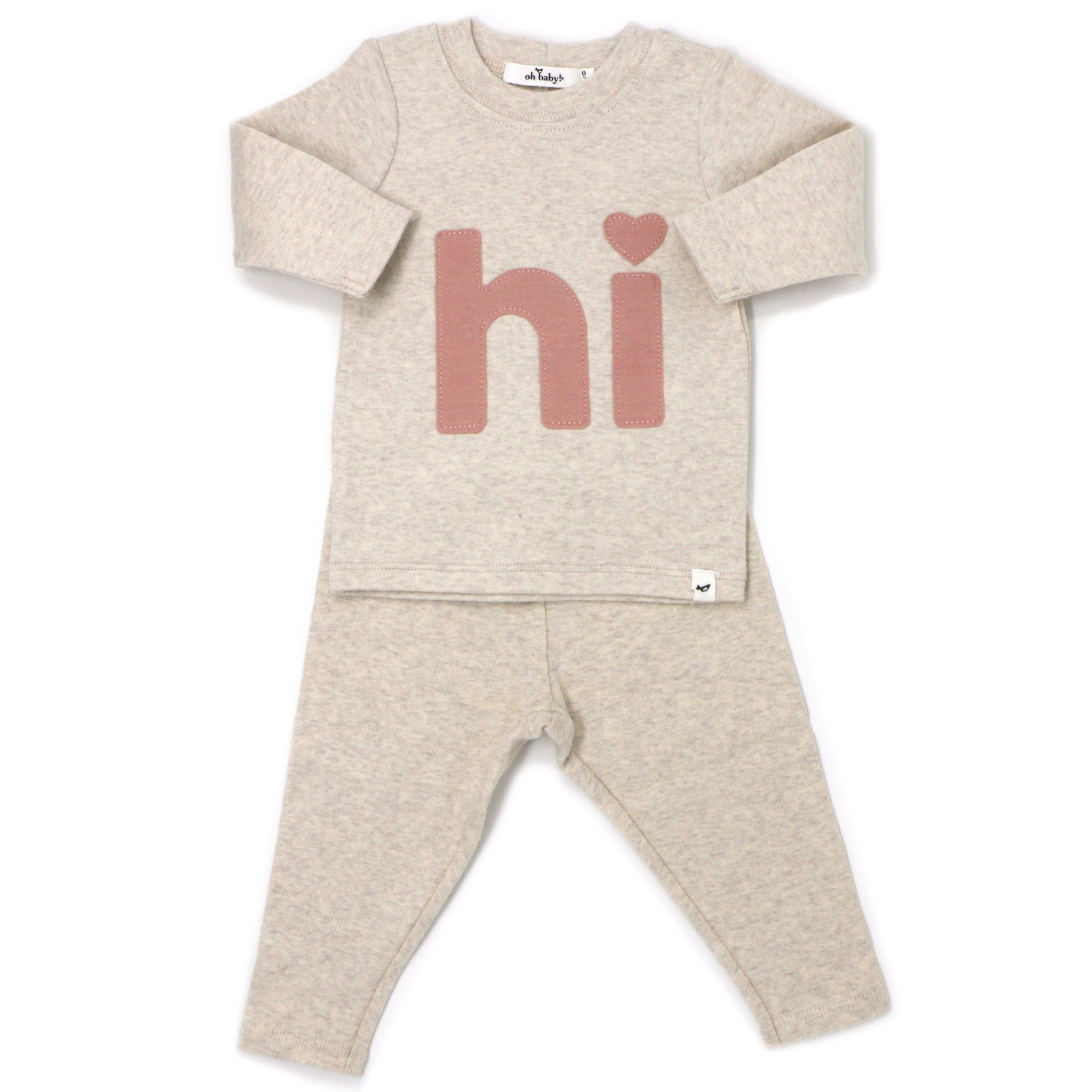Oh Baby Heart Dot “hi” Appl L/S 2pc Set - Sand - hip-kid