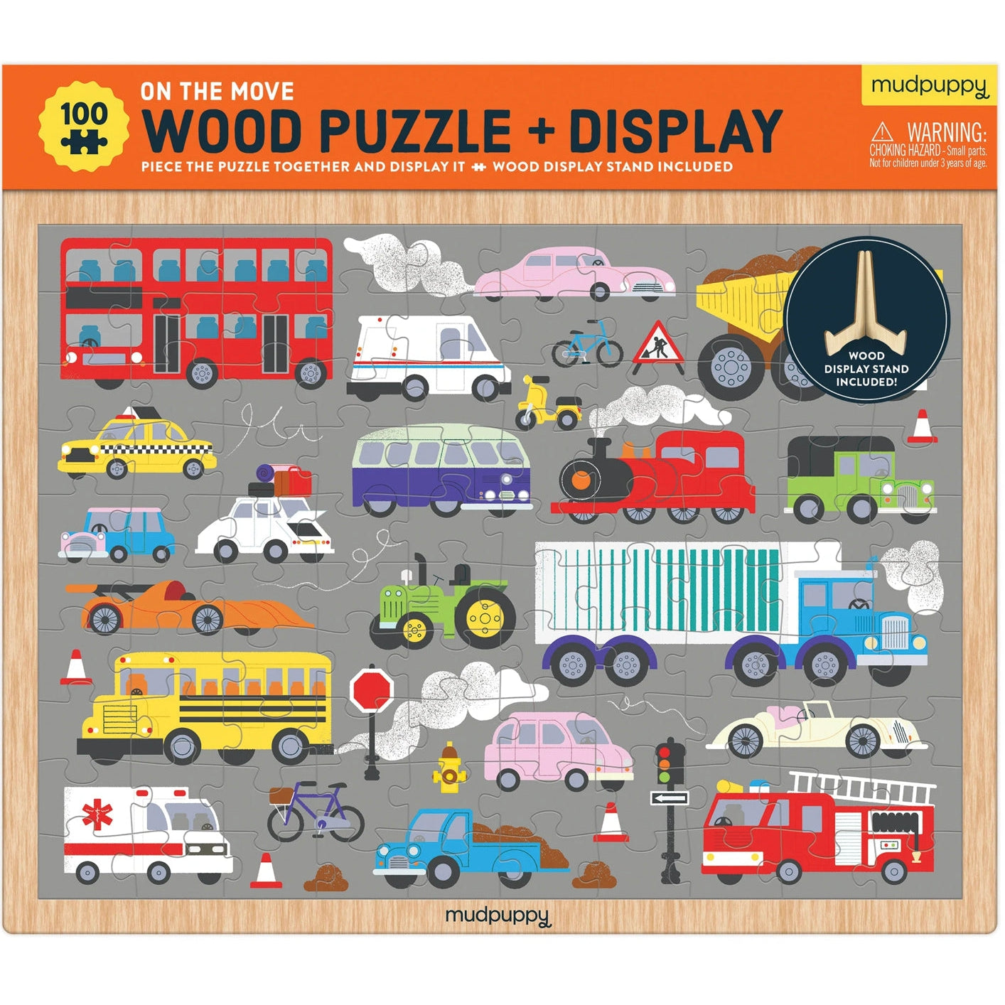 Mudpuppy 100 pc Wood Puzzle & Display - On the Move - hip-kid